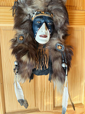 Vintage Native American Style Mask Headdress w/ Faux Fur Horns Feathers Beaded picture
