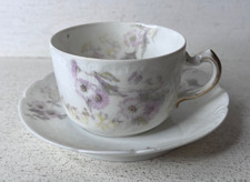 Antique Victorian Haviland Limoges Teacup & Saucer Hand Painted Floral Gold picture