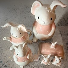 Whimsical Cupboard 6 Pc Easter Bunny Ceramic butter dish salt & pepper tea pot + picture