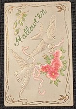 Antique Embossed HALLOWEEN Postcard Doves & Roses Gilt Printed in Germany 1910s picture
