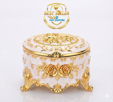 Vintage Round Jewelry Box Gold Metal Trinket Case Ring Earring Storage Organizer picture