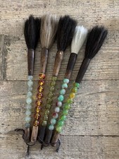 Set of 5 Vintage Chinese Calligraphy Brushes with Beaded and Wood Handles picture