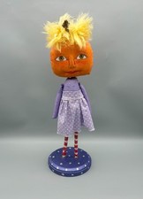 Halloween Folk Art Pumpkin Girl Doll Figurine Lori Mitchell Style OOAK 15