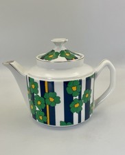 Vintage 1970s Mod Floral Teapot Green Blue Stripes Gold Trim Flower Power picture