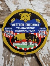 VINTAGE YELLOWSTONE PORCELAIN SIGN RARE OLD NATIONAL PARK UNION PACIFIC RAILWAY  picture