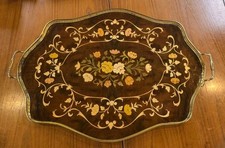 VTG Italian Marquetry Wood Inlay SORRENTO Tray Brass Handles 23