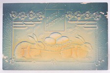 Victorian Easter Bunnies Carrying Eggs Hand Airbrushed Embossed Postcard c1909 picture