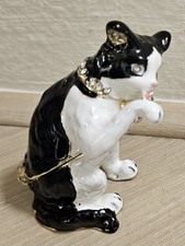 Cat Licking Paw  B & W Rhinestones & Gold Trim Jewelry Trinket Box Tuxedo Cat picture