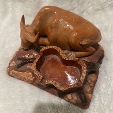 Carabao Water Buffalo Ashtray Carved Figurine Phillipines Red Velvet Bottom Vtg picture