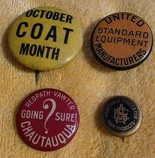 Lot of 4 Antique Celluloid Pinback Buttons Redpath Chautauqua Farm Equity Coat picture