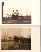 Set of 2 Antique RPPC Postcards Women Friends Lawn Candids Striped Blouse 1910s picture