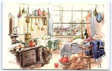 Vintage postcard: Ellen's harbor kitchen scene picture