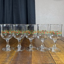 S-188 Set of 5 Vtg Libbey Holly & Berry Pedestal Goblets with Gold Rims picture