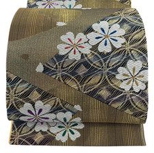 Vintage Japanese Silk Fukuro Obi Gold Cherry Blossom Shippo Gold Thread Foil picture