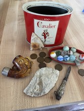 Vintage Antique Tin With All vintage Contents. Marbles Arrowhead Scraper?  Knife picture