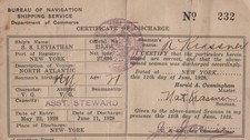 BUREAU OF NAVIGATION S.S. LEVIATHAN -CERTIFICATE OF DISCHARGE NY 1928 STEWARD picture