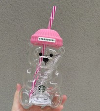 Rare Starbucks Bear Bearista Glass Cup All Pink 20oz Straw Cup Iced Coffee Cup picture