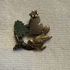 Vintage Michigan Robin & Lighthouse Pin Gold, Silver, Green & Cherries 🍒 picture