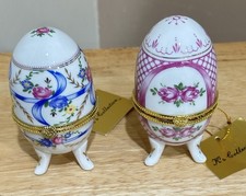 Vtg K’s Pink Rose & Blue Ribbon Gold Porcelain Eggs Shaped Trinket Boxes 2 Pcs picture