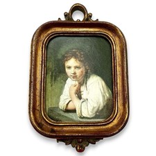 Vintage Rembrandt Girl Leaning On A Windowsill MINIATURE Framed Art Print EUC picture