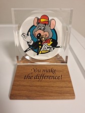 Rare Vintage Chucky Cheese 'Tux Era' Acrylic Clock Walnut Stand 1990's picture