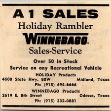 A1 Sales Holiday Rambler Winnebago Sales Service Midland TX 1974 Ad TAK7-S3 picture