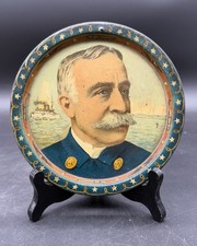 Antique Admiral George Dewey Tin Metal Round Tip Tray Plate 5.75