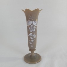 Vintage Bristol Glass Vase Hand Painted Floral Gold Trim Petal Rim Tan Brown picture
