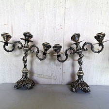 Victorian Antique Silver tone figural 3-Arm Candelabra Pair 13in  picture