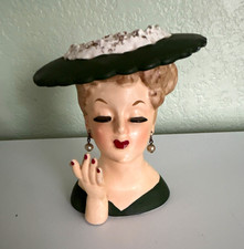 1958 Hand Painted Ceramic Lucille Ball Vase Figurine, Green Hat, Pearl Earrings picture