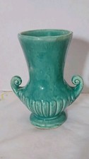 Vintage McCoy Turquoise Vase Fluted Scroll Handles 6” USA Pottery picture