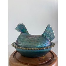 Vintage iridescent Bicentennial Blue Indiana glass HON 7in. Farmhouse.Whimsigoth picture