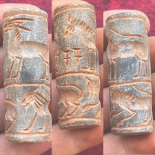 Unique Antique Near East Old Stone Cylinder Bead Seal With Impressions picture