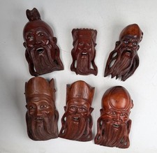 Lot of 6 Vintage Chinese Carved Wood Wise Men Face Plaques Immortals Lucky Gods picture