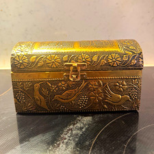 Vintage Copper Wood Jewelry Box Embellished with Camels/ Birds Small Trinket Box picture