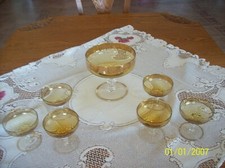 Punch Bowl & 6 Glasses Antique Set Gold Etched Scalloped Edges To Clear picture