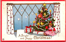 Postcard A Bright and Happy Christmas Lighted Tree Presents Doll Embossed 1917 picture