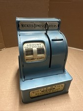 Vintage Uncle Sam's 3 Coin Register Bank Metal Nickels Dimes Quarters Blue 1951 picture