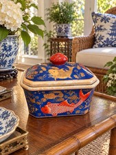 Vintage Chinese Style Koi Fish Porcelain Lidded Box Blue Red Chinoiserie 7” picture