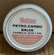 Vintage Watkins Petro-Carbo Salve Carbolic Acid 1.75% Advertising Tin, White/Red picture