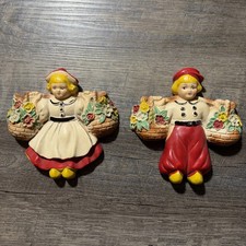 #456 Vintage Chalkware Wall Plaques Dutch Boy & Girl with Flower Baskets picture
