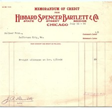 1906 Hibbard, Spencer, Bartlett & Co. Memo of Credit billhea picture