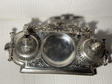 EPNS Silver Plate Double Inkwell Desk Stand Lacquered Center Pen Tray India picture
