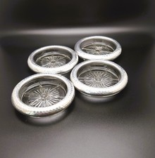 Vintage Clear Glass Coasters Silver Tone Hammered Metal Rim Set of 4 Starburst picture