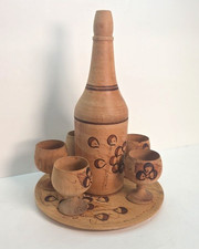 Wooden Engraved Decanter - 5 Stem Cups - Serving Tray VINTAGE picture