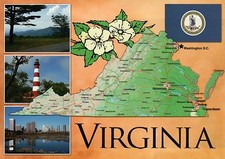 State Map of Virginia, Norfolk, Alexandria, Richmond, Lighthouse etc. - Postcard picture