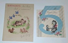 Vintage Teddy Bear Birthday Cards 1930s 40s Rabbit Squirrel Bluebird Golden Bell picture