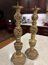 Vintage James Mont Style Brass Ornate Filigree Pillar Mid Century Candle Holders picture