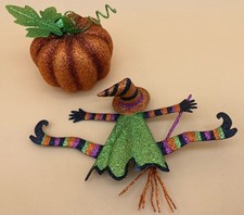 Pier 1 Glitter Metal Halloween Witch Splat Broom Orange Glitter Pumpkin Ornament picture