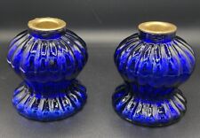 Pair Vintage Glass Melon Ribbed Cobalt Blue Candlesticks Candle Holders picture
